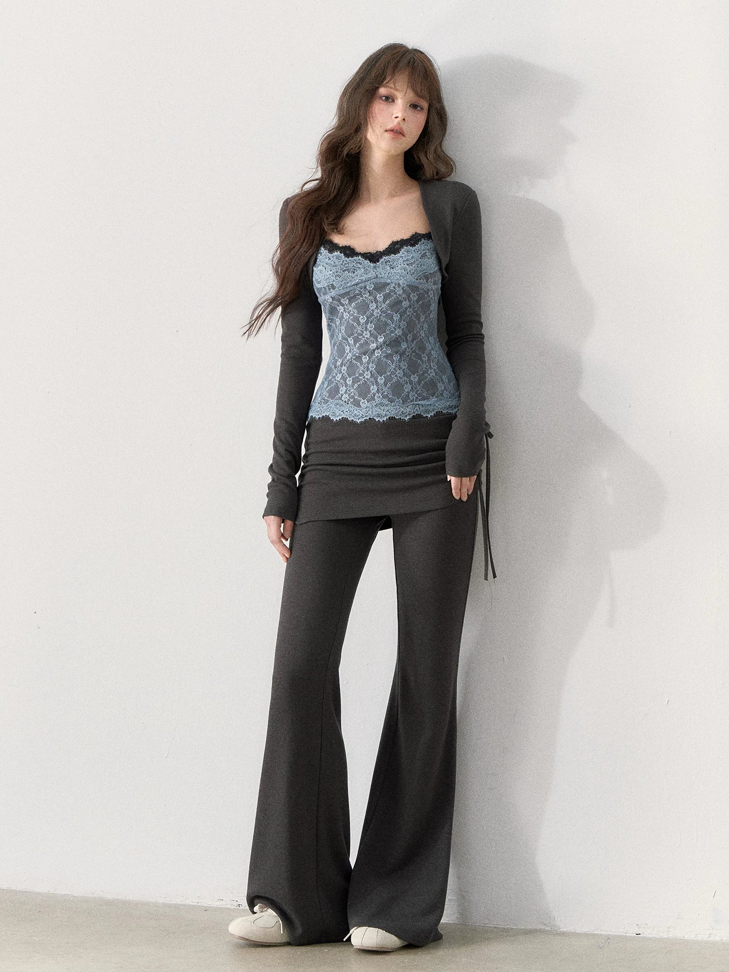 [TMMG] Lace-Trimmed Layered Knit Top & Flared Pants Set