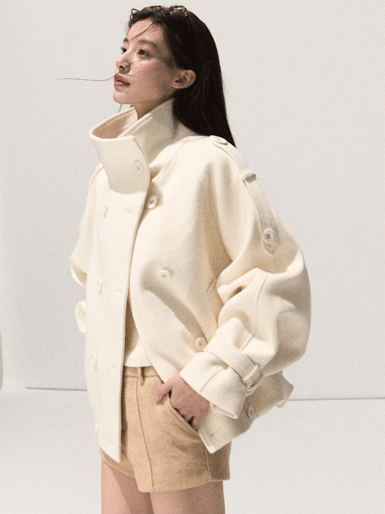 OAKMOO/ Sand Beige Wool Stand-Collar Short Coat