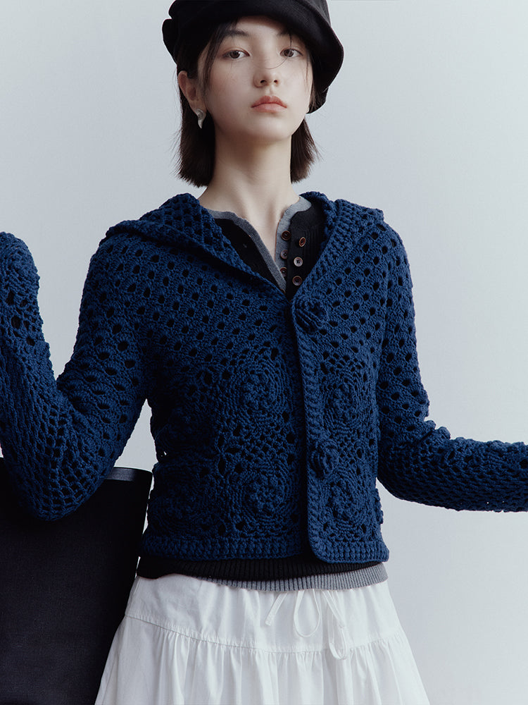 FUSSED Garden Midnight Garden Hand-Crocheted 3D Rose Knit Cardigan – Dusky Blue Cotton FOF-25SS176
