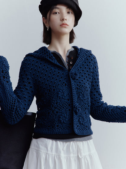 FUSSED Garden Midnight Garden Hand-Crocheted 3D Rose Knit Cardigan – Dusky Blue Cotton FOF-25SS176