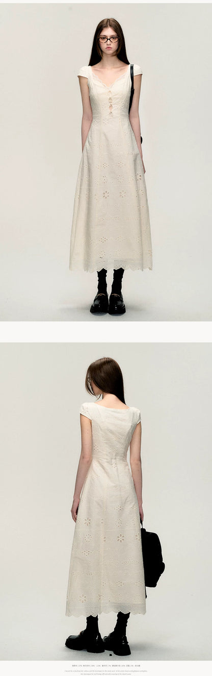OAKMOO/ "A Flutter of Time" Cream White Fitted Lace-Trimmed Textured Dress