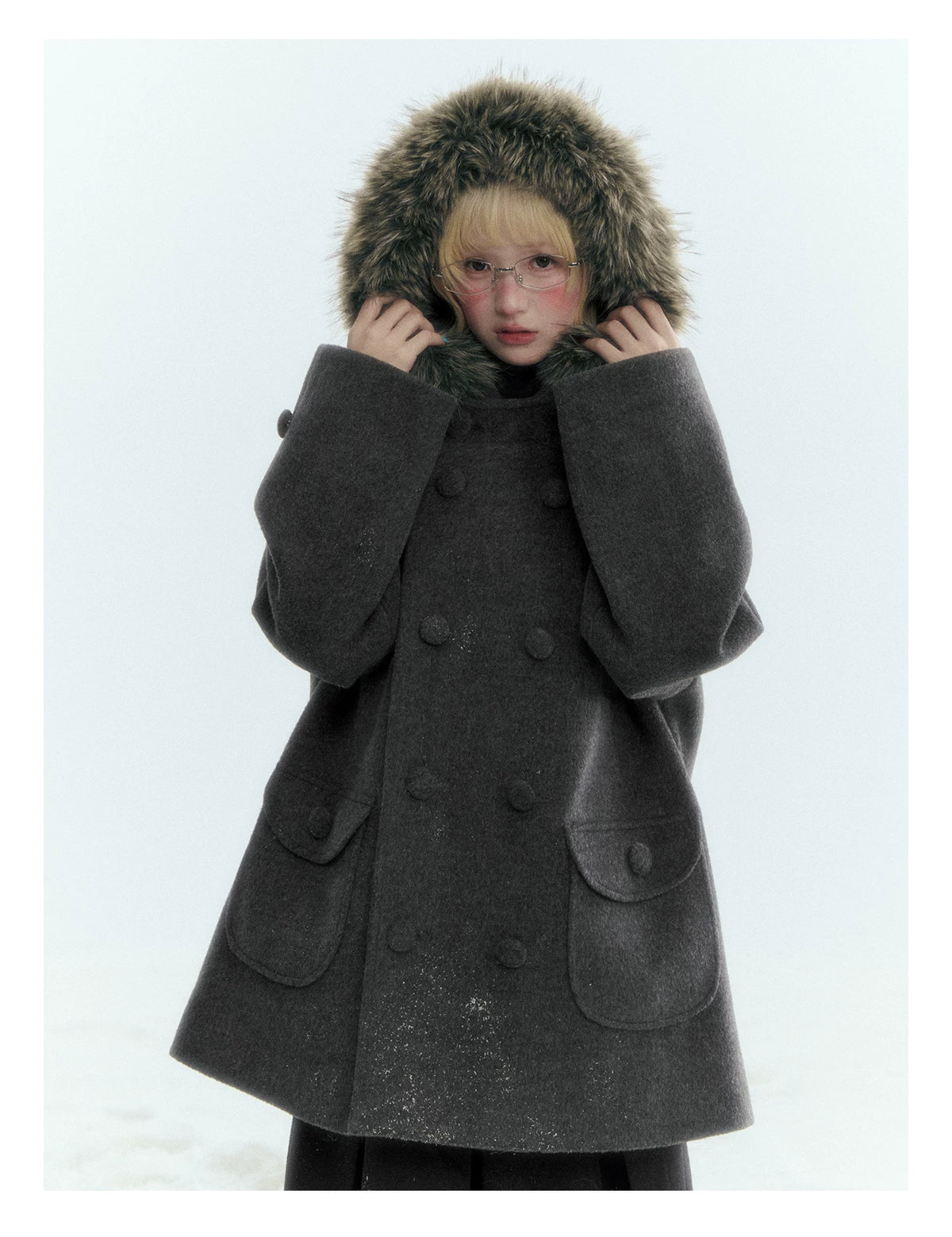 Japanese Hooded Double-Breasted Wool Coat (Deep Charcoal Gray / Taro Purple)