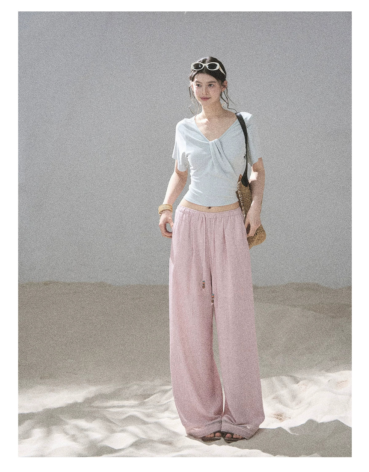 "Follow the Sea Breeze" Lightweight Straight-Leg Wide-Leg Pants (Lotus Pink/ Gray Sage Green/ Gray Blue)