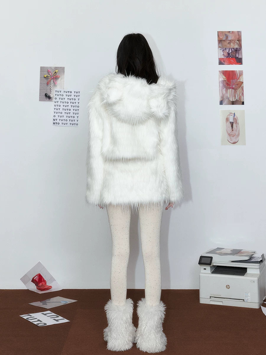 White Cloud Bear Faux Fur Jacket & Skirt Set