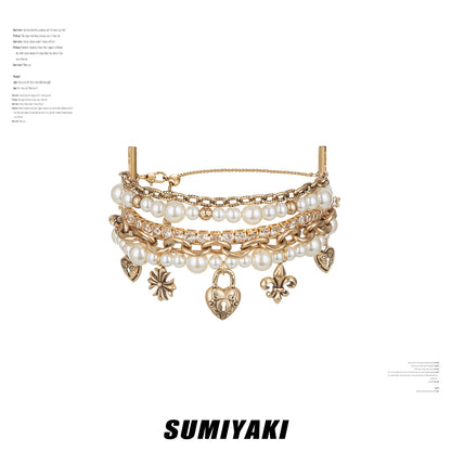 Layered Pearl Heart Charm Bracelet – Vintage Lock Heart Multi-Strand Beaded Bracelet for Women