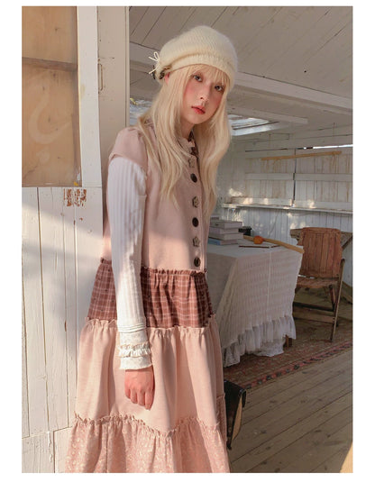 RF - Dusty Pink Patchwork Sleeveless A-Line Dress with Star Buttons