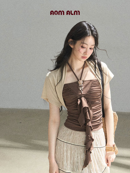 "In the Evening Breeze" Chestnut Brown Halter Ruched Top & Milk Tea Shrug Set