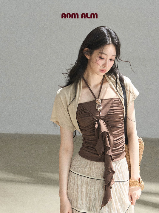 "In the Evening Breeze" Chestnut Brown Halter Ruched Top & Milk Tea Shrug Set