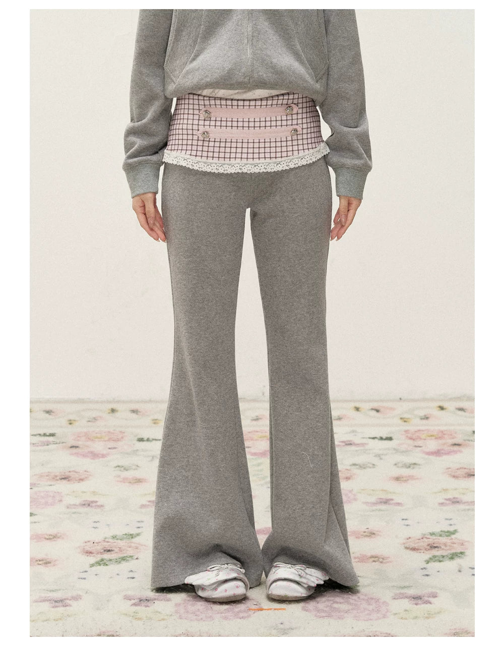 [RF] Soft Gingham Color-Block Hoodie and Flare Pants Set (Blue / Mauve)