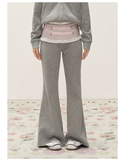 [RF] Soft Gingham Color-Block Hoodie and Flare Pants Set (Blue / Mauve)