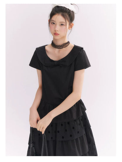 “Midnight Sweetheart” Black Korean-Style Bow Polka Dot Tiered Dress
