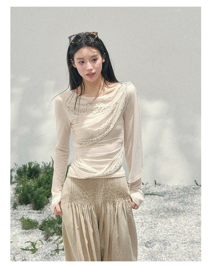 “Frosted Kiss” Milk Apricot Mesh Waist-Cinched Top