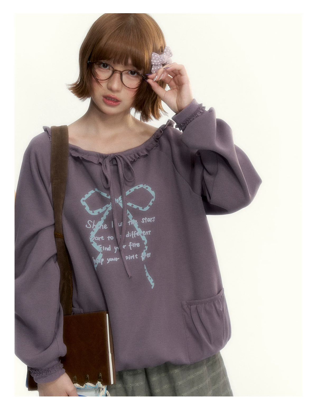 Deep Purple Bow-Tie Lettuce-Trim Off-Shoulder Sweatshirt
