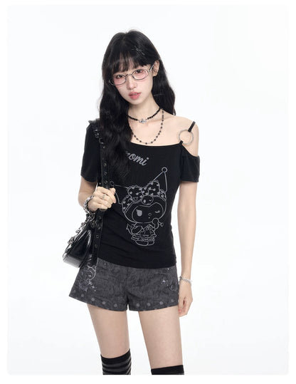 170726K "Shadow Rebel" Black Asymmetrical Shoulder Collection (One-Shoulder Tee / Casual Shorts)