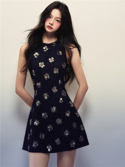 1P - “Shut Down” Midnight Sequin Bloom Mini Dress