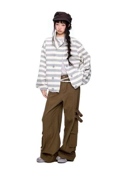 EZEK | Striped Asymmetrical Collar Cardigan Sweatshirt with Double-Breasted Buttons