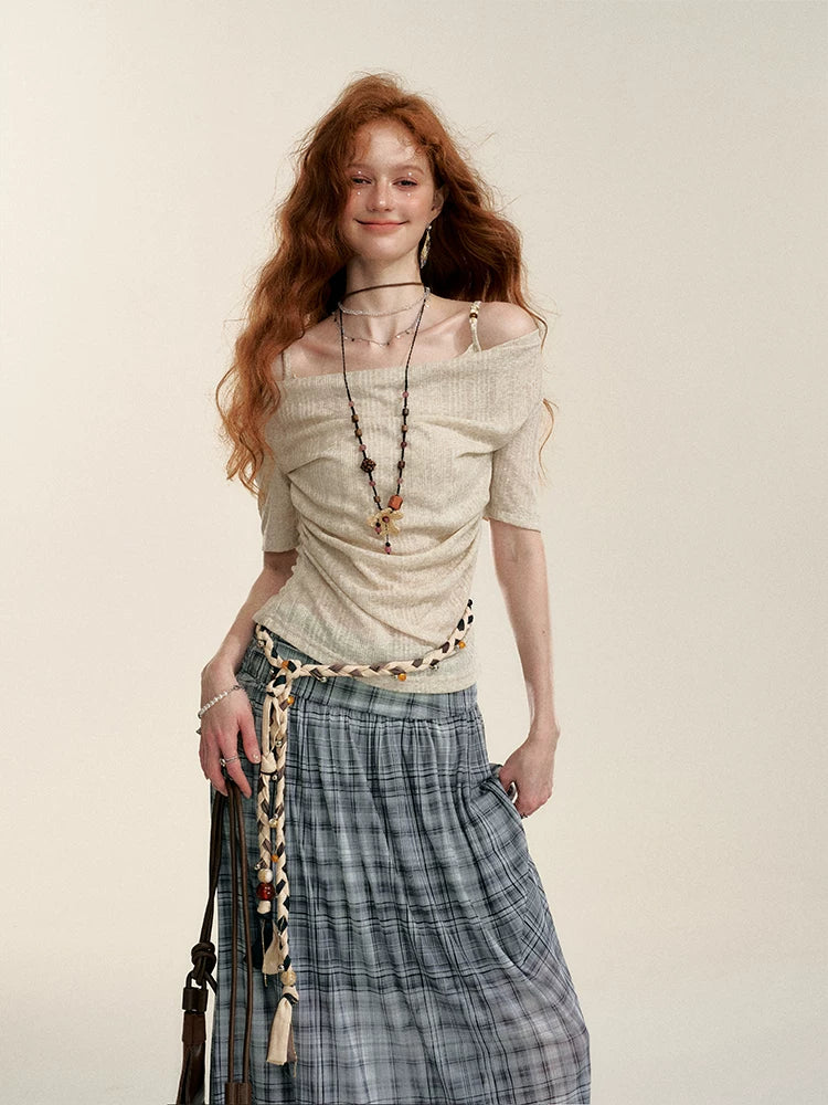Gray Contrast Plaid A-Line Maxi Skirt