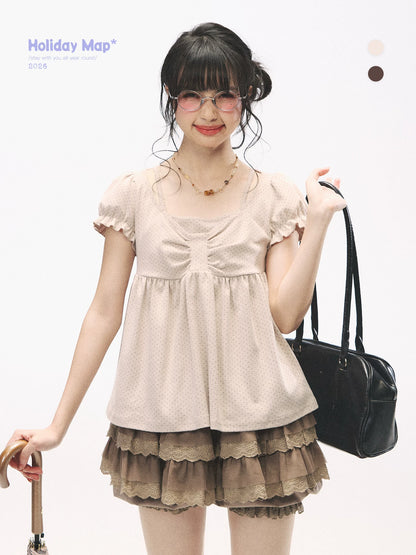 "Sweetheart Crew" Polka Dot Faux Two-Piece Bow Knit Short Sleeve Top