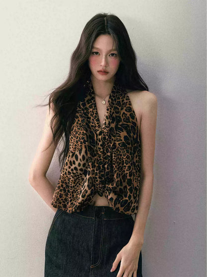 1P - Leopard Print Halter V-Neck Knot Top