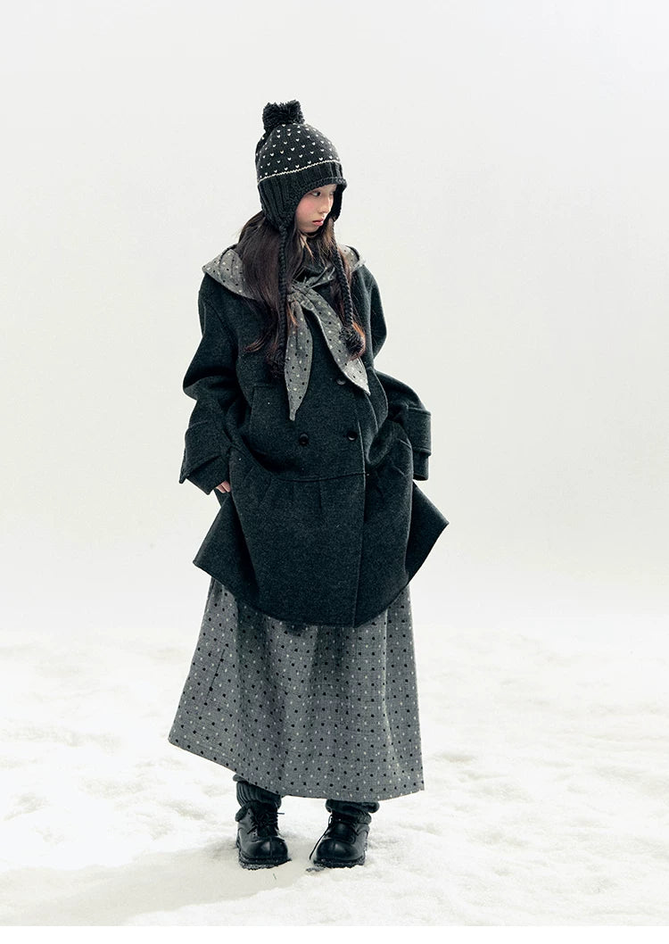 "Snowfall Polka" Charcoal Polka Dot Wool-Blend Midi Skirt