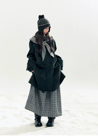 "Snowfall Polka" Charcoal Polka Dot Wool-Blend Midi Skirt