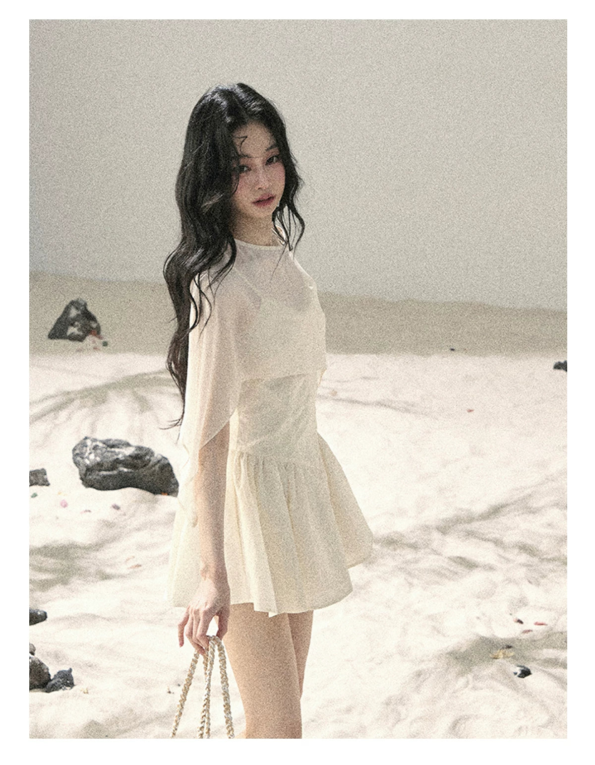 "Veiled in Mist" Cream Apricot Puff Mini Dress & Chiffon Shawl Set 5348