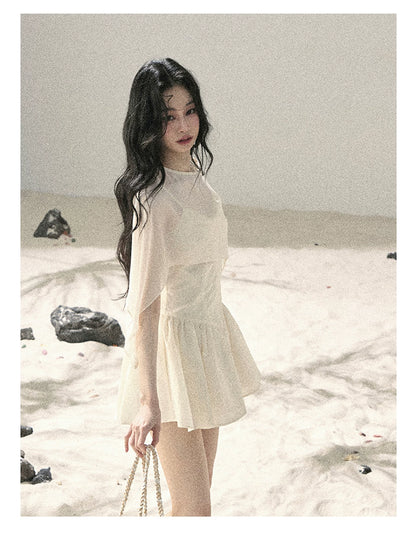 "Veiled in Mist" Cream Apricot Puff Mini Dress & Chiffon Shawl Set 5348