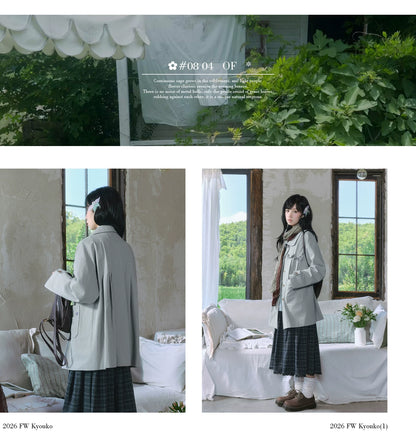 "Sage Whisper" Layered Trench Collection (Round Collar Coat / Knit Top / Polka Dot Cami / Plaid Skirt)