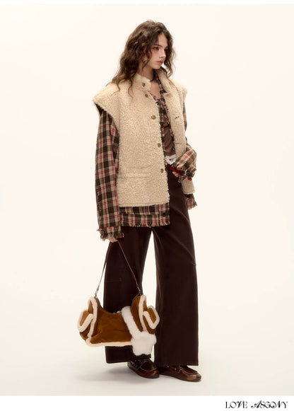 ASGONY - Brown Reversible Suede Faux Shearling Drawstring Vest