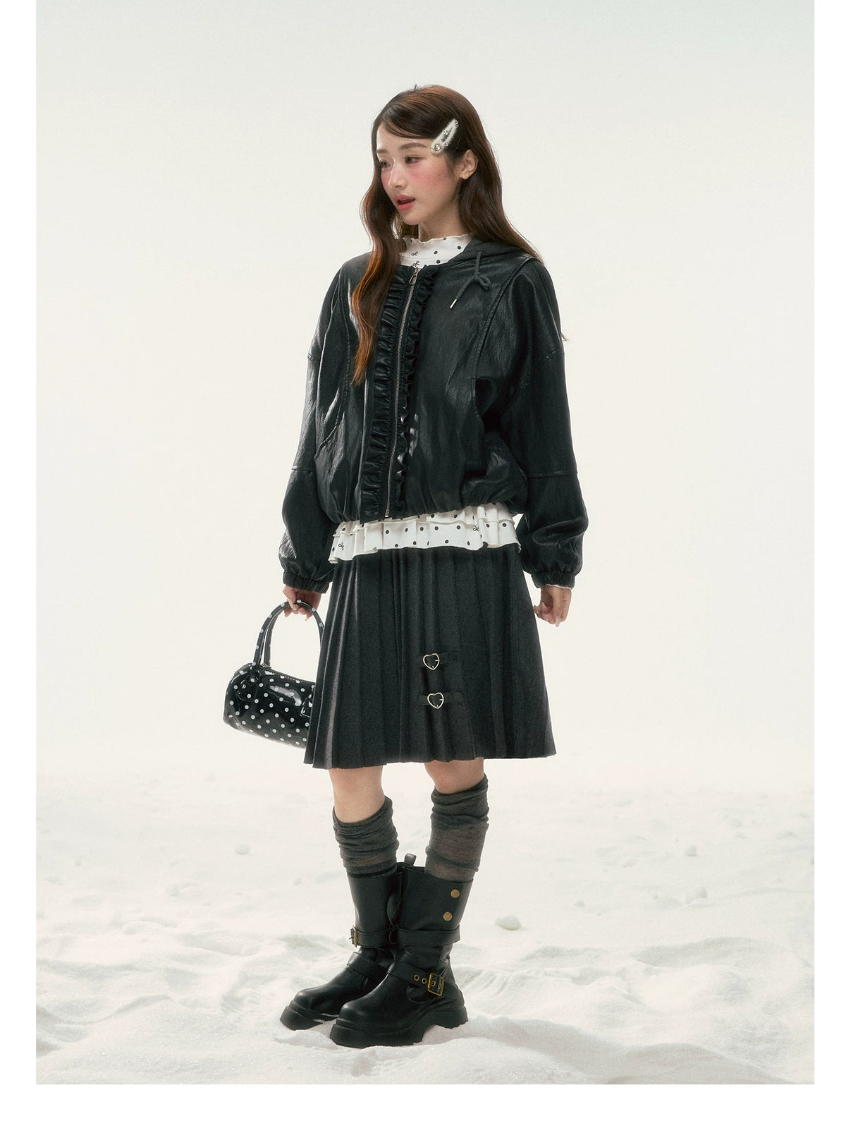 BIBIBENCY - Black Ruffle-Trim Faux Leather Jacket