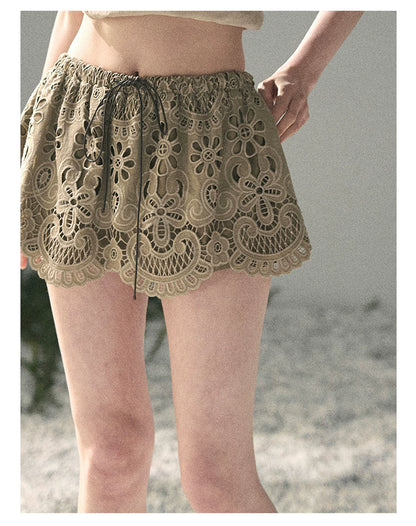 “Lost in Your Embrace” Roasted Pecan Lace Puff Skort