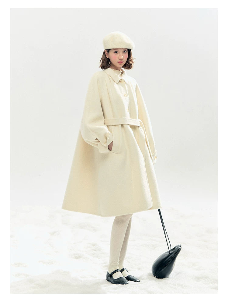 "Black & White Waltz" Hand-Stitched Wool-Blend Swing Coat (Ivory/ Black)