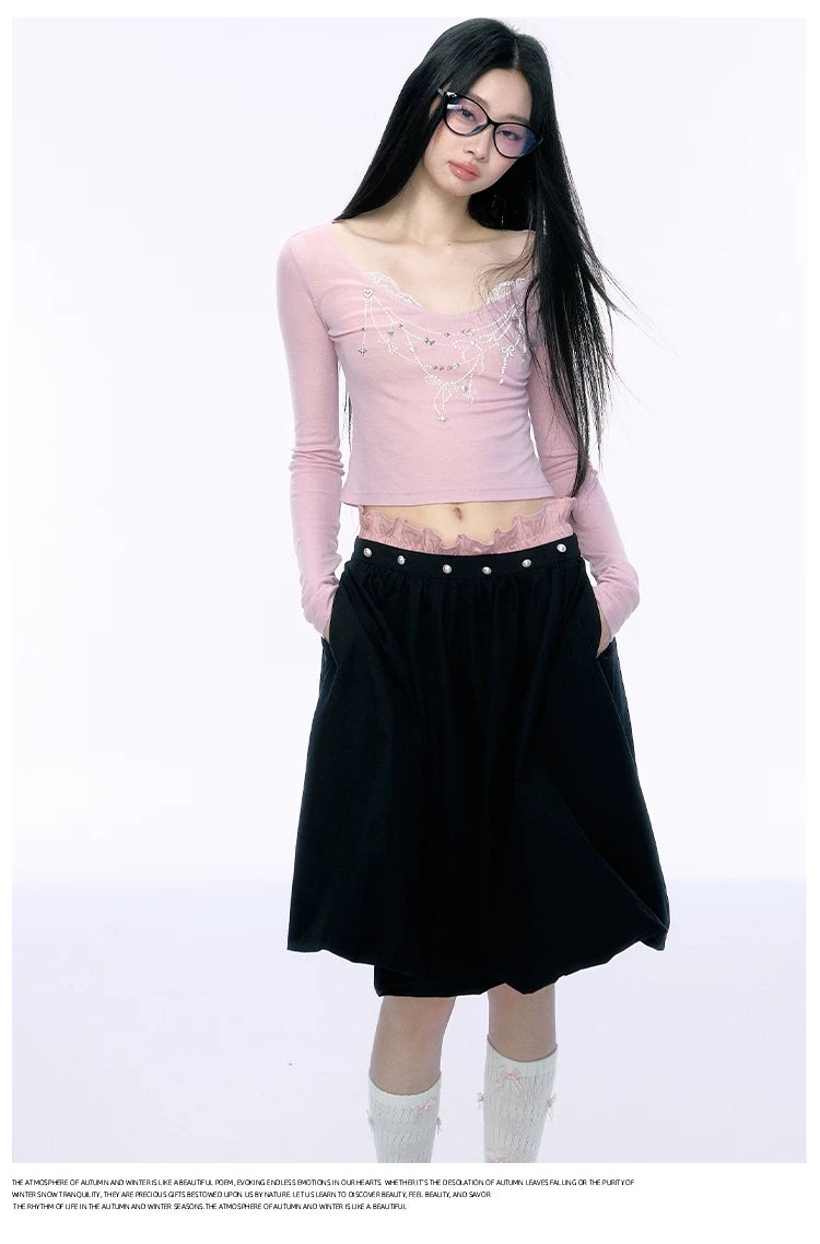 JN's DESIGN - Black Bubble Hem Skirt with Pearl Button Detail