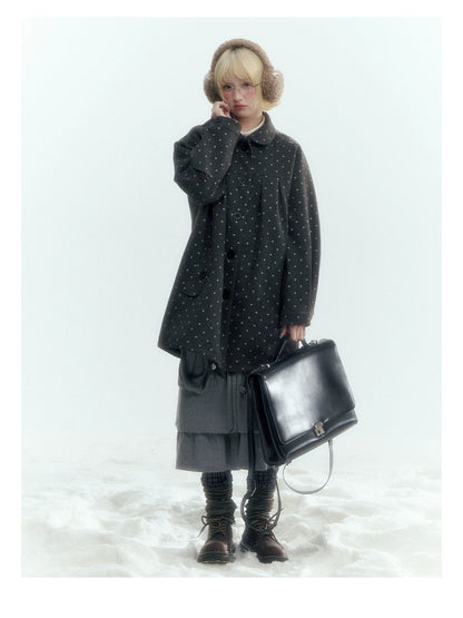 Horridale - Peter Pan Collar Pleated Mid-Length Wool-Blend Coat – Gray Polka Dot