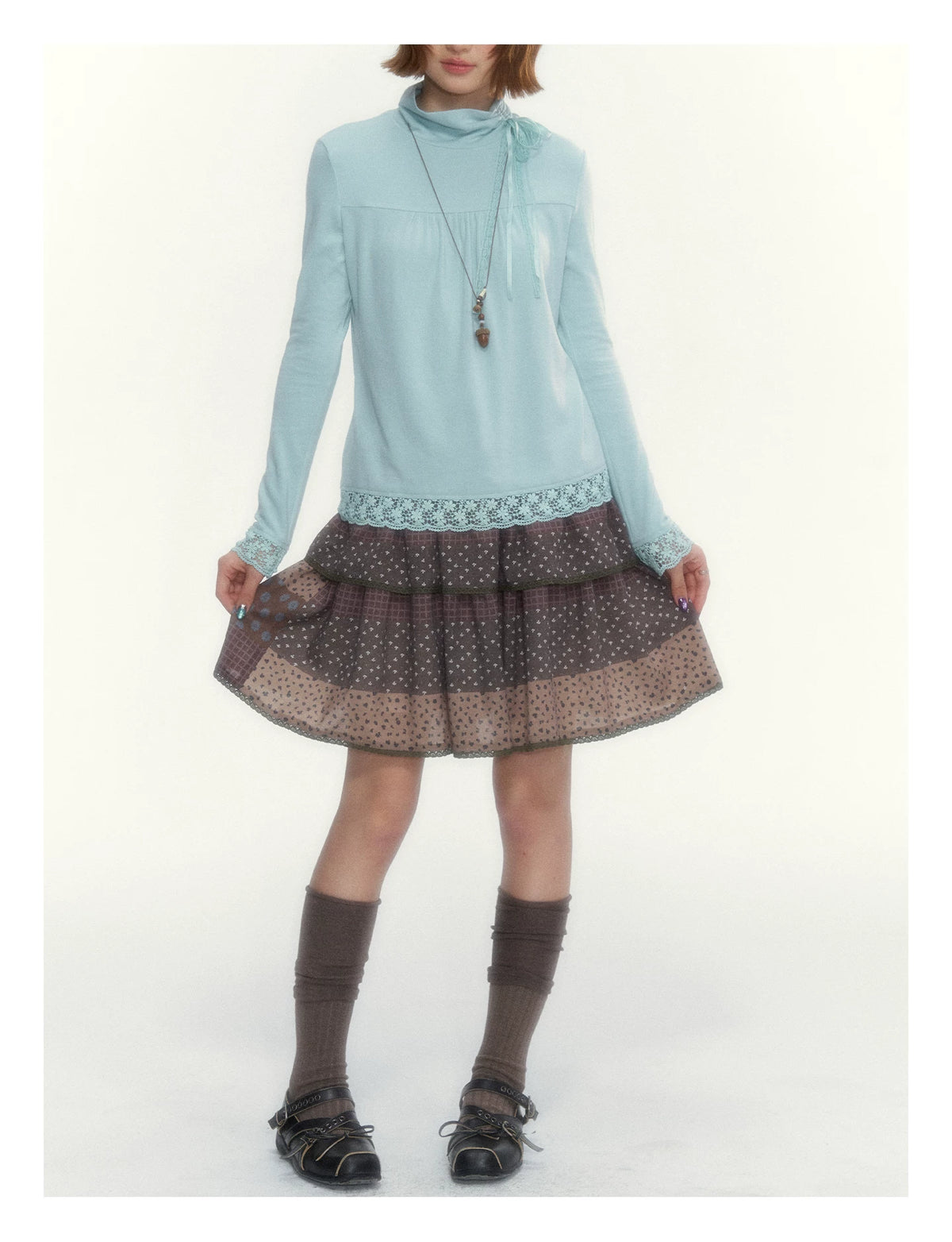 “Caramel Patchwork” Brown Patchwork Floral Plaid Lace A-Line Tiered Skirt