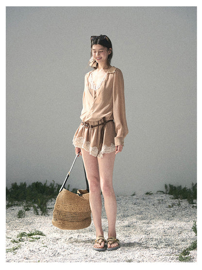 少也眼 “Hidden in the Evening Breeze” Cheese Yellow Faux Two-Piece Chiffon Dress 146