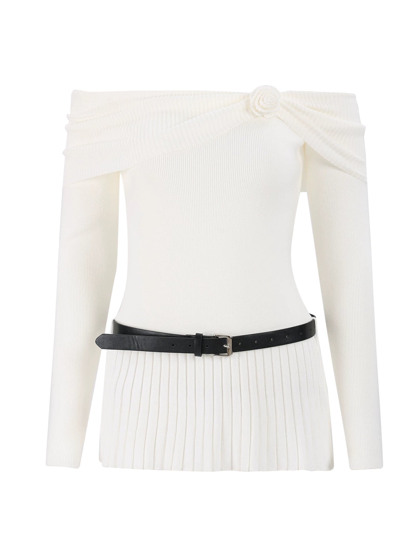 "Bloom Arrival" White Off-Shoulder Knit Top