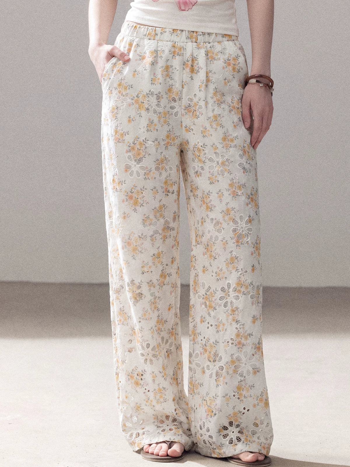 AOMALM - "A Cloud in Bloom" Primrose Yellow Floral Embroidered Lace Wide-Leg Pants