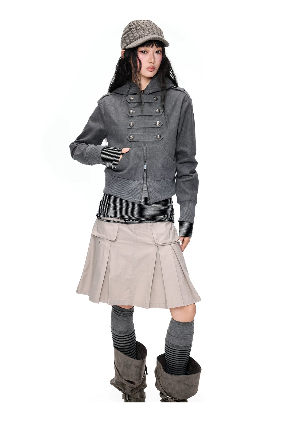 EZEK | Cropped Hooded Sweatshirt Jacket with Double Metal Snap Closure (Black / Gray)