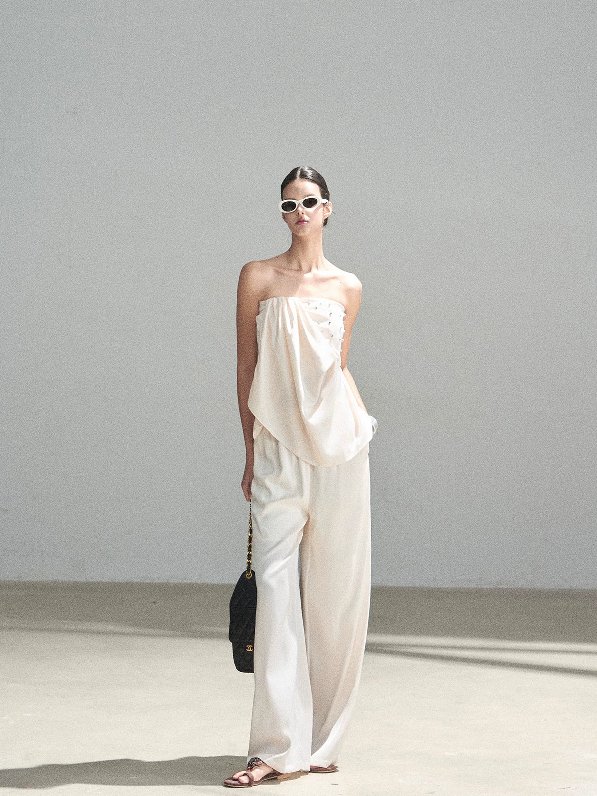 "Summer Rain at Dusk" Cream Beige Satin Two-Piece Set