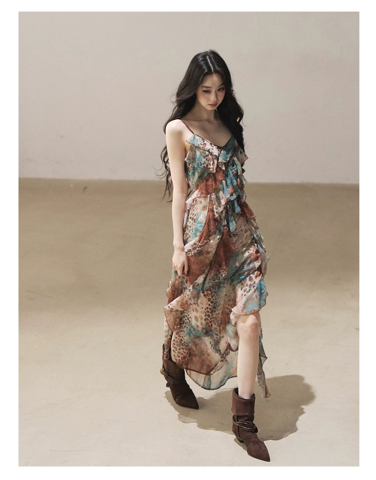 "She Never Looks Back" Peacock Blue Leopard Chiffon Maxi Dress