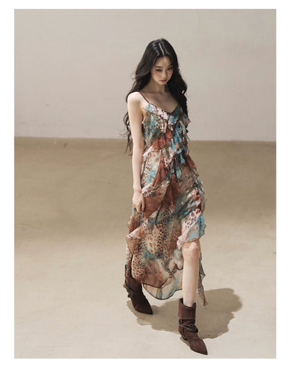 "She Never Looks Back" Peacock Blue Leopard Chiffon Maxi Dress