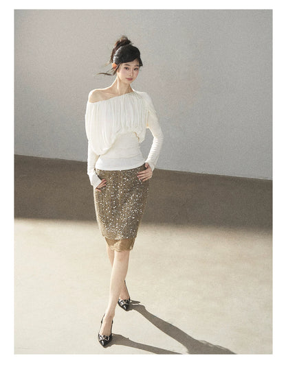 AOMALM - Gray Taupe Brown Sequin Lace Midi Skirt