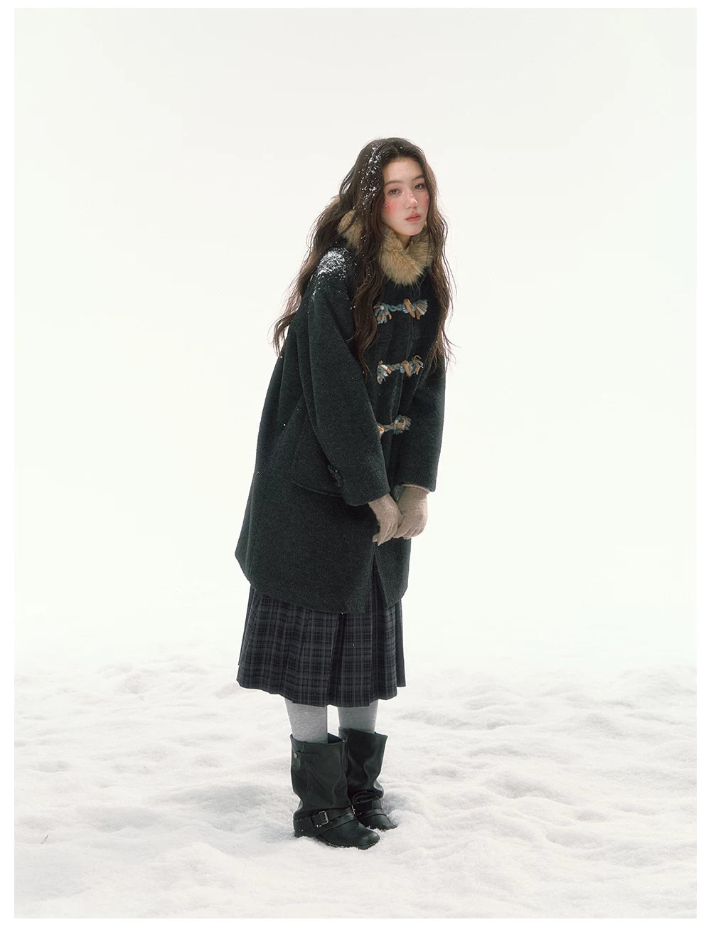 CANSTORE - "Winterland Journey" Black Hooded Wool-Blend Coat with Detachable Faux Fur Collar