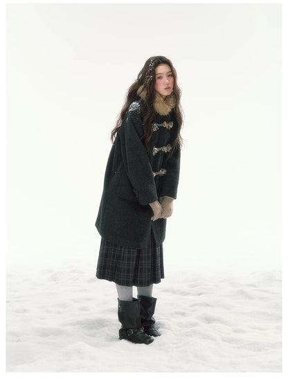 CANSTORE - "Winterland Journey" Black Hooded Wool-Blend Coat with Detachable Faux Fur Collar