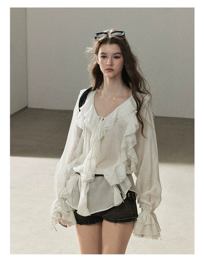 AOMALM - "A Featherlight Touch" French Camellia White Lace Chiffon Top with Belt (Camellia / Oatmeal / Cinnamon Pink)