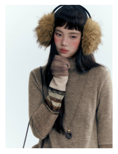 Horridale - Light Brown Colorblock High Cowl Neck Long Sleeve Top