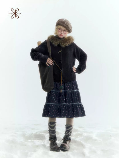 Horridale - Dark Coffee Brown Hooded Knit Cardigan with Detachable Faux Fur Collar