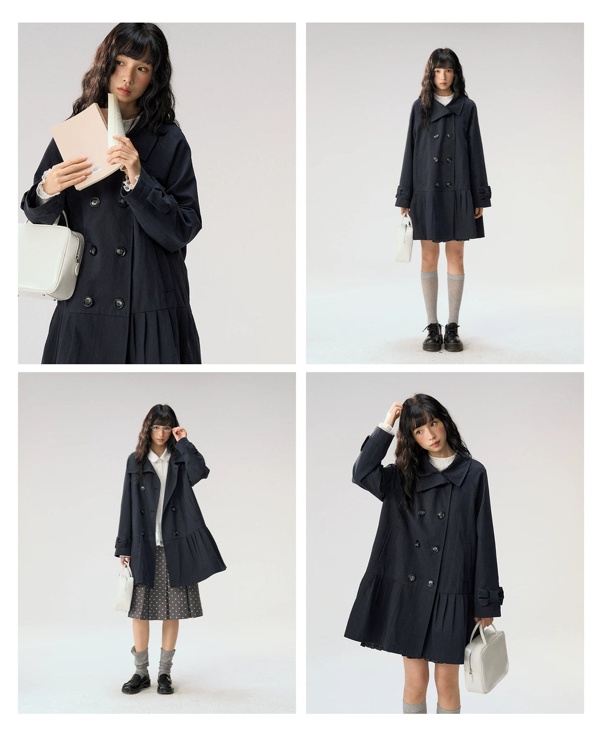 [CAN] "Azure Echoes" Navy Double-Breasted Bow Long Trench Coat
