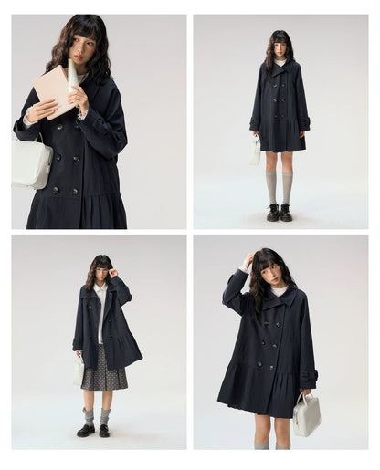 [CAN] "Azure Echoes" Navy Double-Breasted Bow Long Trench Coat